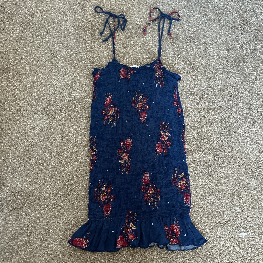 Navy Floral Smocked Sundress with Ruffle Hem